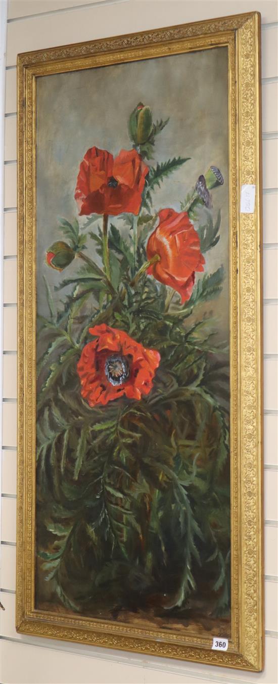 E. Goddard, pair of oils on canvas, Poppies and Sunflowers, signed, 108 x 46cm